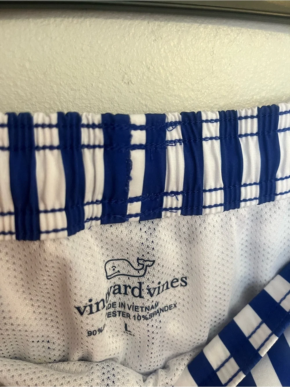 Vineyard Vines Blue & White Striped Kids Swim Trunks with Neon Yellow Drawstring